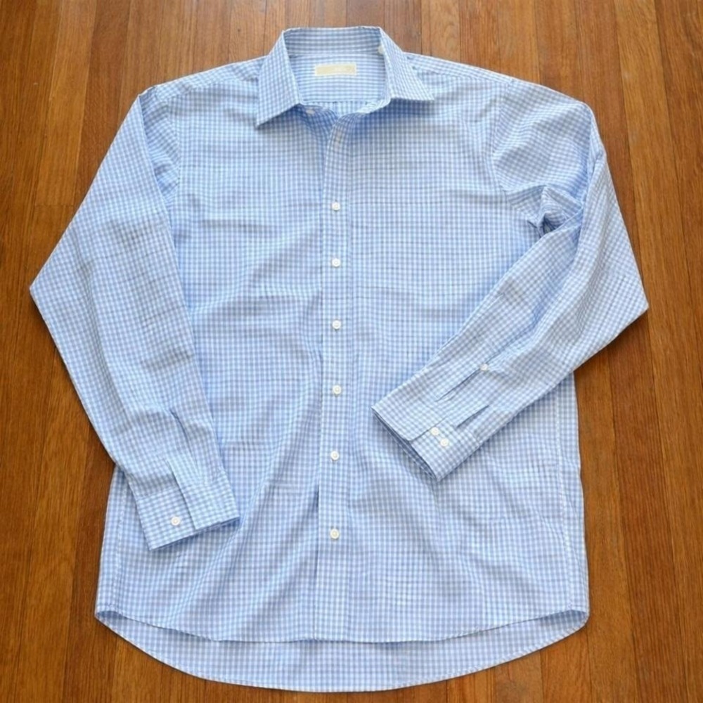 Michael Kors Mens Light Blue Gingham Button Down Dress Shirt M 15.5